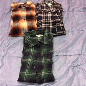 Amazon essentials.  Men's Plaid Shirt Collection - Green, Orange, and Black.